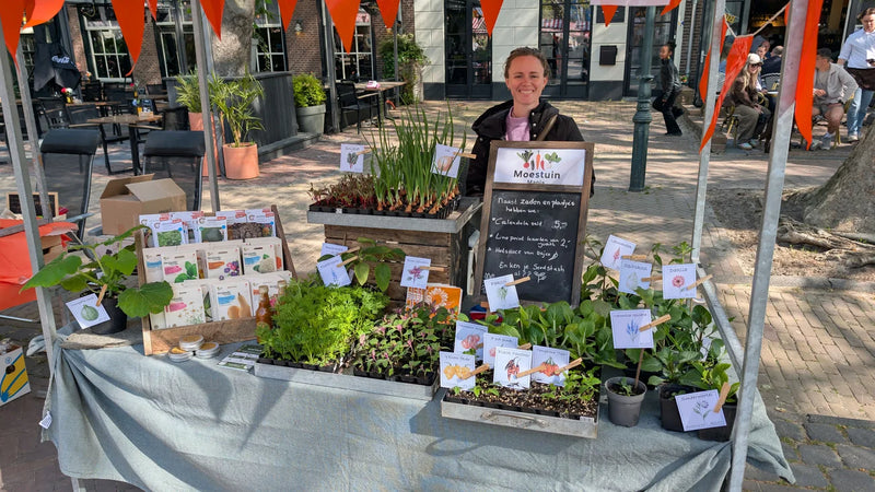 Mooi opgemaakte streekmarkt kraam met zaden en stekjes voor tuinieren