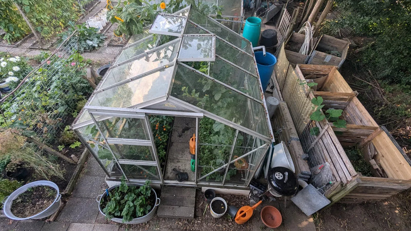 Luchtfoto van een kas met glazen dak en planten erbinnen