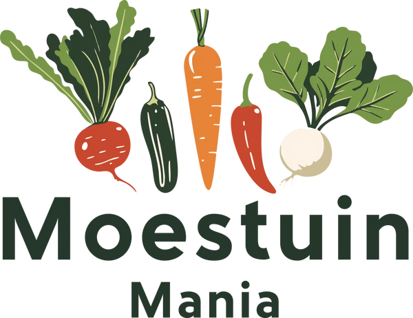 Volledig logo van Moestuin Mania met kleurrijke en speelse stijl